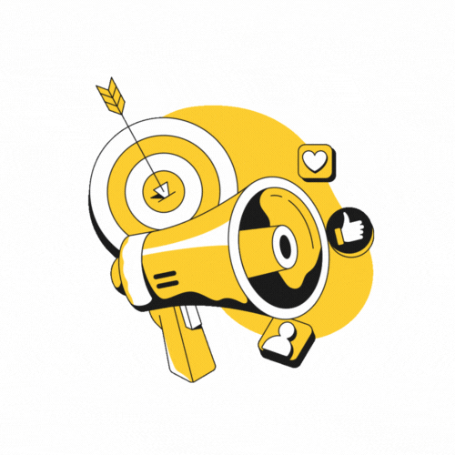 Animated gif of a bullseye, social media likes, and airhorn