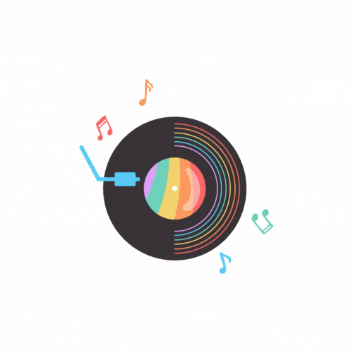 animated gif of a black vinyl record spinning with multicoloured music notes floating beside it