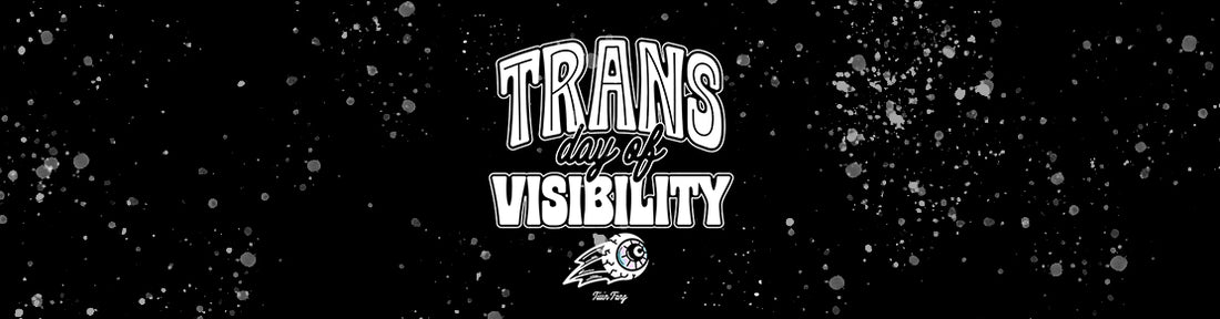 Black image with illustrated text reading "trans day of visibility" small eyeball with trans colours (pink, white, blue) floats beneath text